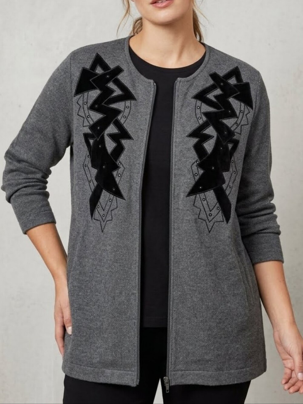 Rafael Abstract Geometric Embellished Velvet Applique Zip Light Cardigan Sweater